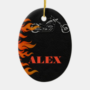 Zwarte Leren Jas & Oranje Vlammen Motorrijder Moto Keramisch Ornament