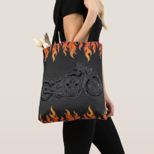 Zwarte Leren Oranje Vlammen Heet Vuur Motorfiets Tote Bag