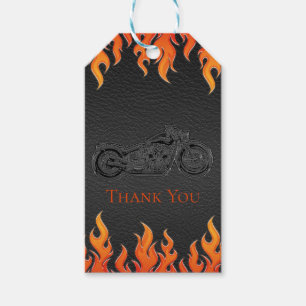 Zwarte leren oranje vlammen motorfiets biker feest cadeaulabel