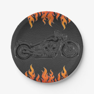 Zwarte leren oranje vlammen motorfiets biker feest papieren bordje