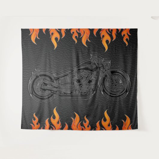 Zwarte Leren Oranje Vlammen Motorfiets Biker Feest Wandkleed (Voorkant (horizontaal))