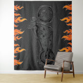 Zwarte Leren Oranje Vlammen Motorfiets Biker Feest Wandkleed (In situ)