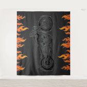 Zwarte Leren Oranje Vlammen Motorfiets Biker Feest Wandkleed (Voorkant)