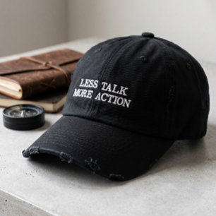 Zwarte Less Talk More Action Vintage Emb met distr Geborduurde Pet
