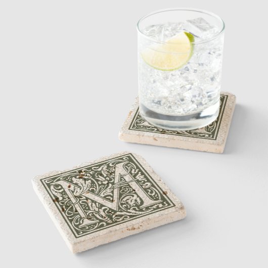 Zwarte letter M  bloemmonogram Stenen Onderzetter (Zijkant)