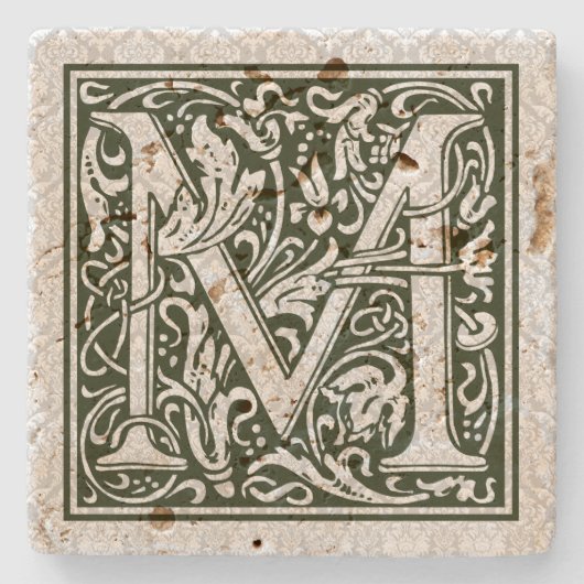 Zwarte letter M bloemmonogram Stenen Onderzetter (Voorkant)