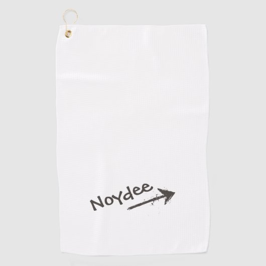 Zwarte letters en pijl op uw golfhanddoek (Voorkant)