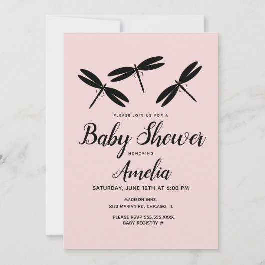 Zwarte libellen Roze Baby shower Uitnodiging (Voorkant)