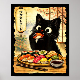 Zwarte lieve kat die sushi eet kawaii Japans eten Poster