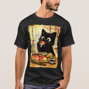 Zwarte lieve kat die sushi eet kawaii Japans eten T-shirt