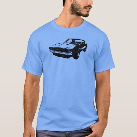Zwarte lijnkunst '69 Camaro SS op gekleurd T-shirt (Voorkant)
