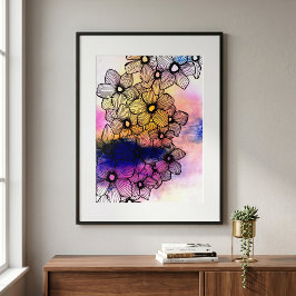 Zwarte Lijnkunst Bloemen Levendig Pastel Waterverf Poster