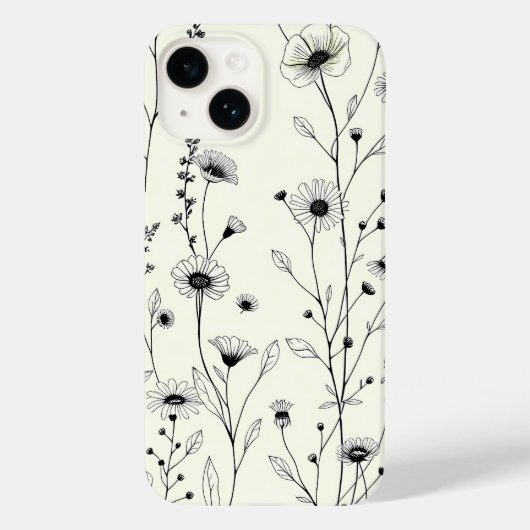 Zwarte Lijnkunst Bloemige Crème iPhone Hoes (Achterkant)