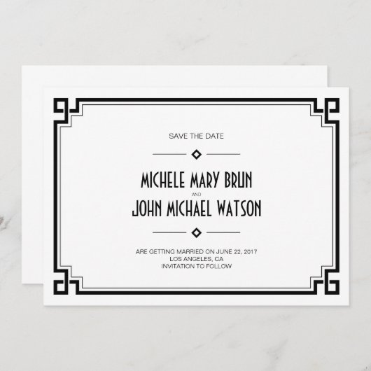 Zwarte lijst Art Deco Witte Save the Date-kaart Save The Date (Voorkant / Achterkant)