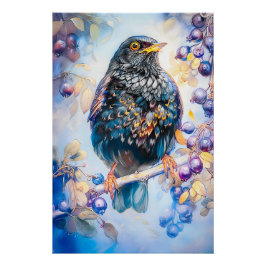 Zwarte lijster in Impressionistische tuin schilder Perfect Poster