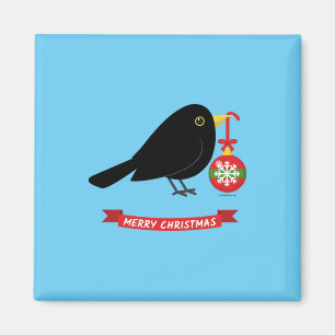 Zwarte Lijster Met Een Kerstbal Magneet