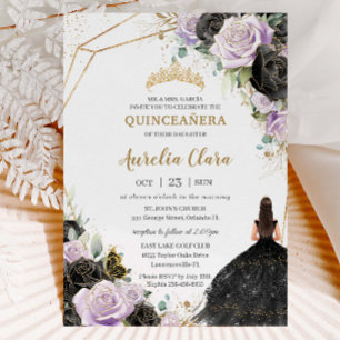 Zwarte Lila Rozen Floral Quinceañera Sweet Sixteen Kaart