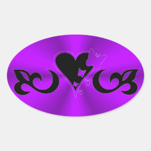 Zwarte Lily Heart en Butterfly op regenboog Ovale Sticker