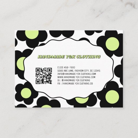 Zwarte Lime Groene Y2K Bloem Handgemaakte Kleding Visitekaartje (Achterkant)