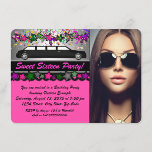 Zwarte limo Heet roze zwart foto Sweet 16 Feestje Kaart