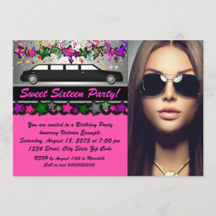 Zwarte Limo Hot Roze Zwarte Foto Sweet 16 Party Kaart