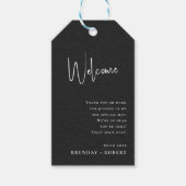 Zwarte linnen Eenvoudige Script Welkom Trouwcadeau Cadeaulabel (Voorkant)
