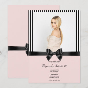 Zwarte lint strik strepen blos roze foto sweet 16 kaart