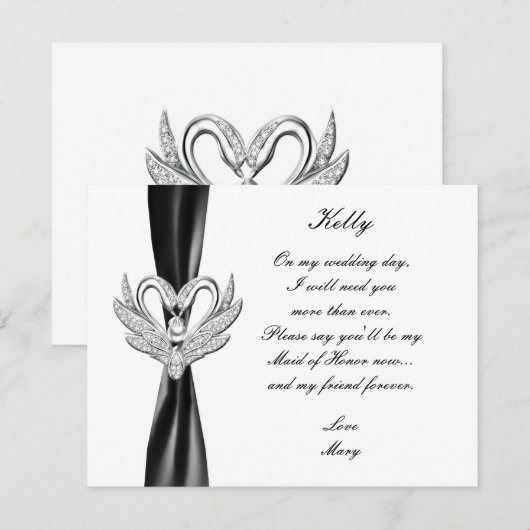 Zwarte lint Zilveren zwanen bruidsmeisje kaart (Voorkant / Achterkant)