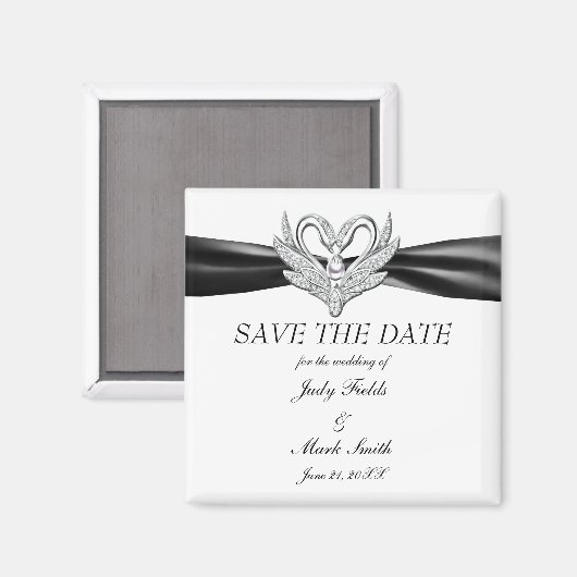 Zwarte lint zilveren zwanen Save The Date-magneet Magneet (Voorkant / Achterkant)