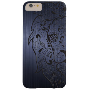 Zwarte Lion Sugar Skull Blue Metallic Background Barely There iPhone 6 Plus Hoesje