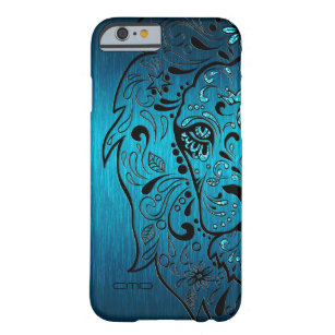 Zwarte Lion Sugar Skull Metallic Blue Background Barely There iPhone 6 Hoesje