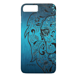 Zwarte Lion Sugar Skull Metallic Blue Background Case-Mate iPhone Case