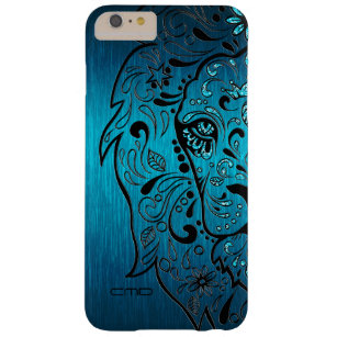 Zwarte Lion Sugar Skull Metallic Blue Background Barely There iPhone 6 Plus Hoesje