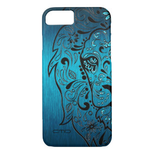 Zwarte Lion Sugar Skull Metallic Blue Background iPhone 8/7 Hoesje
