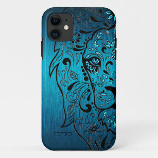 Zwarte Lion Sugar Skull Metallic Blue Background iPhone 11 Hoesje