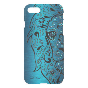 Zwarte Lion Sugar Skull Metallic Blue Background iPhone SE/8/7 Hoesje