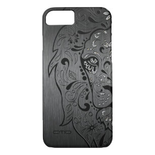 Zwarte Lion Sugar Skull Metallic Grey Background iPhone 8/7 Hoesje