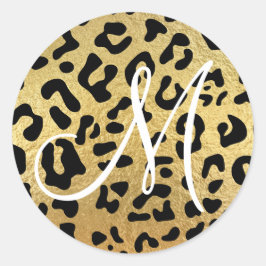 Zwarte Luipaard en Nep Goud Folie Textuur Monogram Ronde Sticker