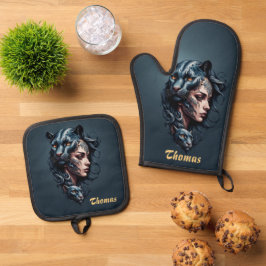 Zwarte luipaard en vrouwenhoofd. ovenwant & pannenlap set