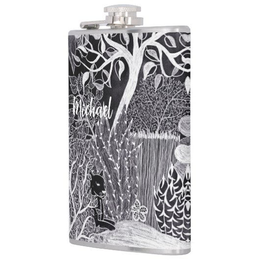 Zwarte luipaard in het oerwoud - handgetekend, op heupfles (Links)