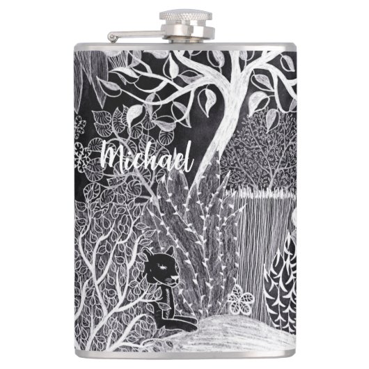 Zwarte luipaard in het oerwoud - handgetekend, op heupfles (Voorkant)