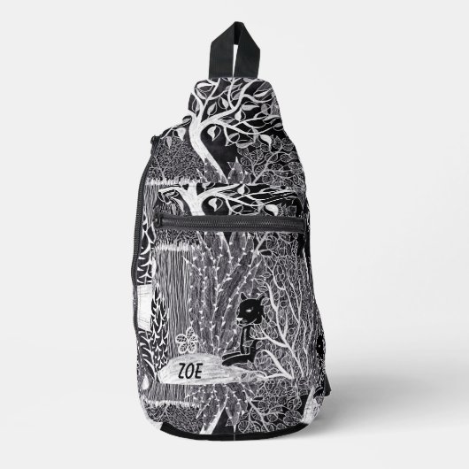 Zwarte luipaard in het oerwoud, handgetekend, op m sling bag (Voorkant)