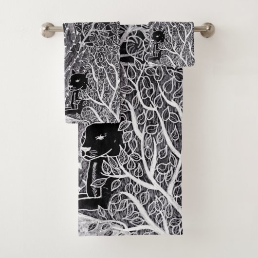 Zwarte luipaard in het oerwoud - potloodtekening bad handdoek (Insitu)