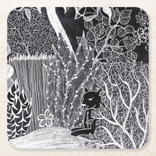 Zwarte luipaard in het oerwoud - potloodtekening kartonnen onderzetters (Voorkant)