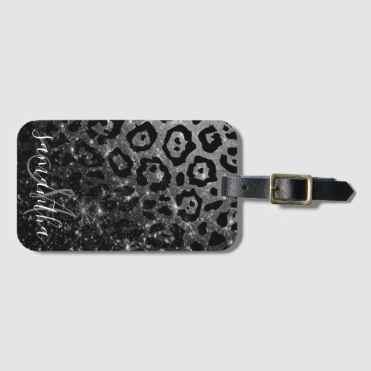 Zwarte luipaard print en glitter bagagelabel (Voorkant (horizontaal))