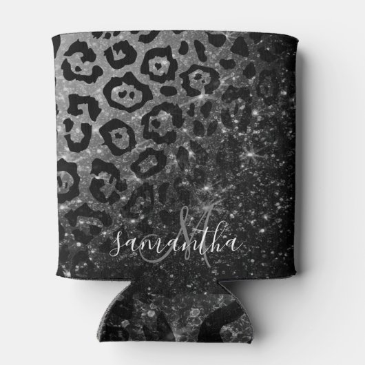 Zwarte luipaard print en glitter blikjeskoeler (Achterkant)