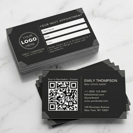 Zwarte Luxe Art Deco QR Code Minimaal Design Afsprakenkaartje