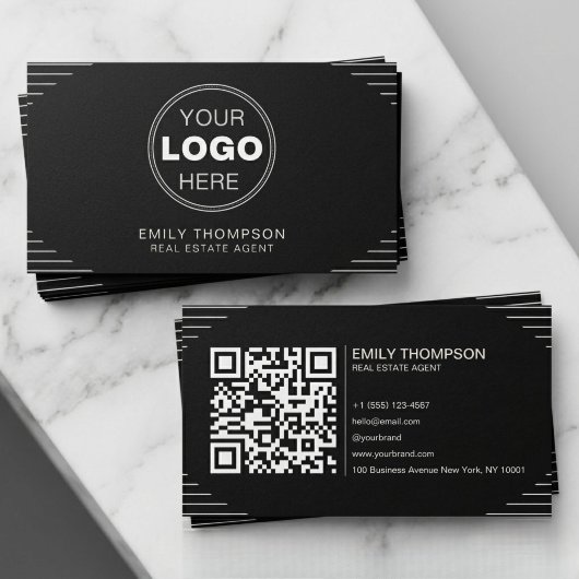 Zwarte Luxe Art Deco QR Code Minimaal Design Visitekaartje