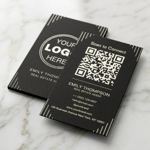 Zwarte Luxe Art Deco QR Code Minimaal Design Visitekaartje