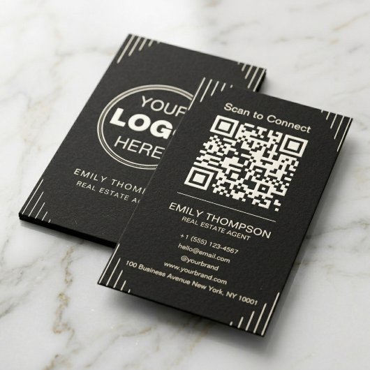 Zwarte Luxe Art Deco QR Code Minimaal Design Visitekaartje